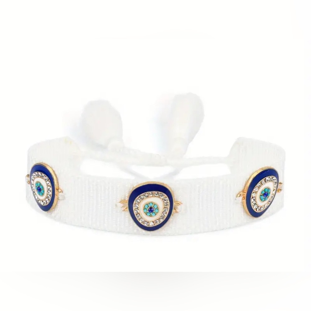 Woven Friendship EvilEye Fabric Adjustable Braided Bracelet Rhinestone & Enamel